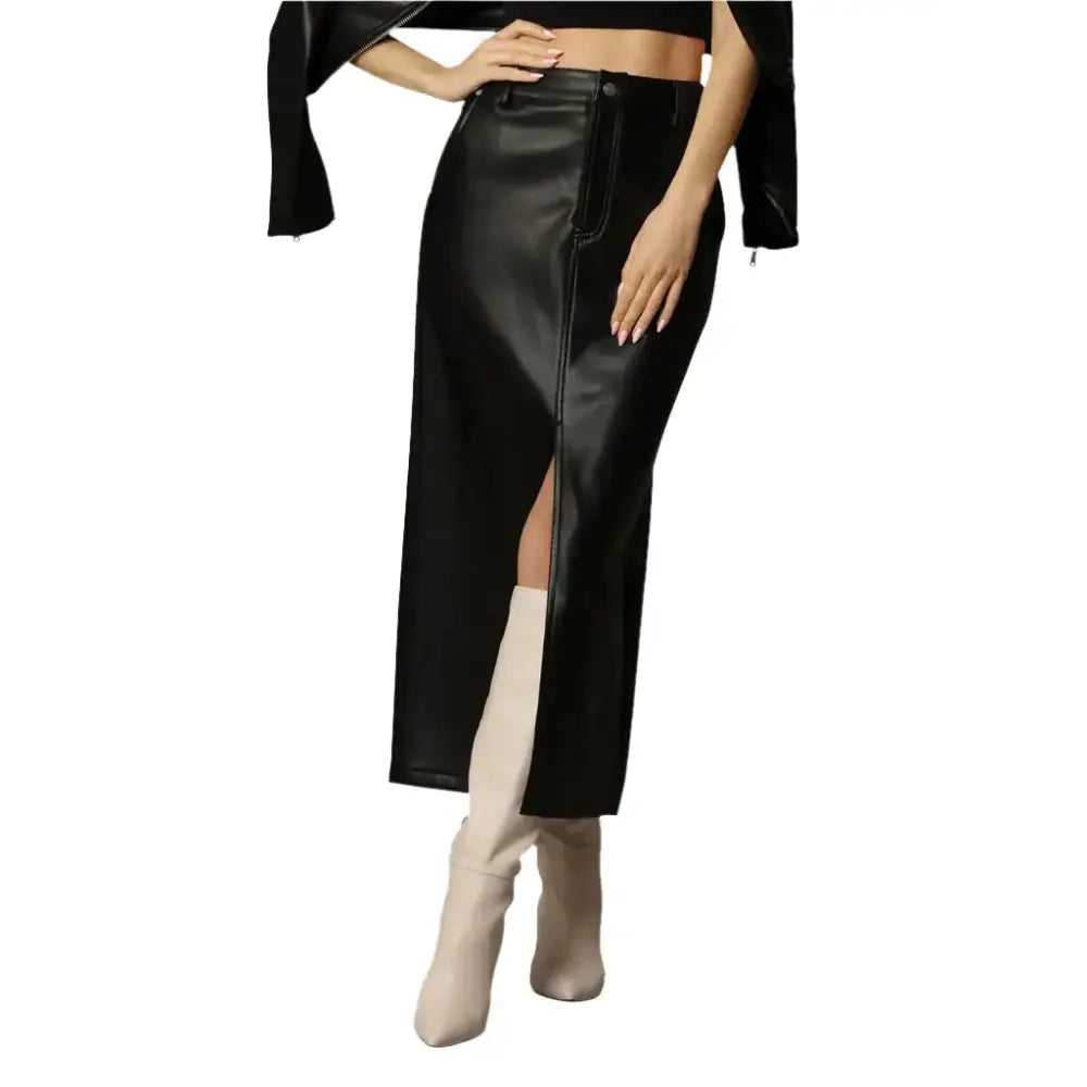Women’s Classy Black Leg Slit Leather Skirt
