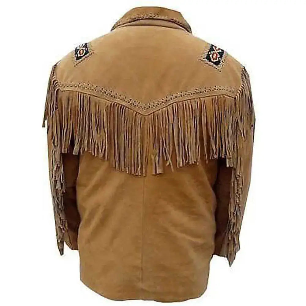 Men's Tan Brown Western Fringe Leather Jacket