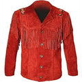 Men's Red Leather Fringe Cowboy Jacket