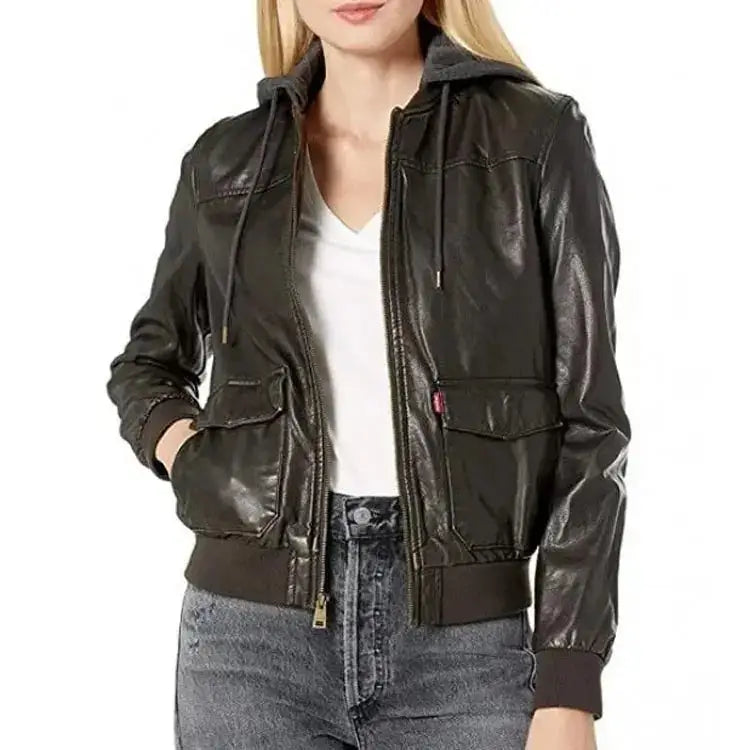 Women’s Black Leather Bomber Jacket with Hood