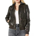 Women’s Black Leather Bomber Jacket with Hood